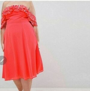 STUNNING!!!!!! RARE HTF NWT ASOS 18 NEON CORAL EMBELLISHED OFF SHOULDer dress